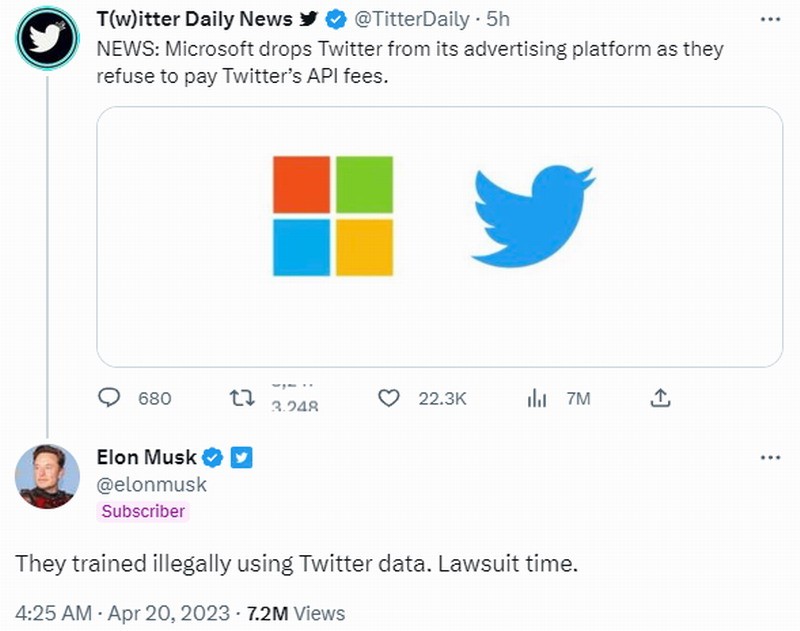 马斯克威胁要起诉微软：非法使用推特数据进行AI训练_1