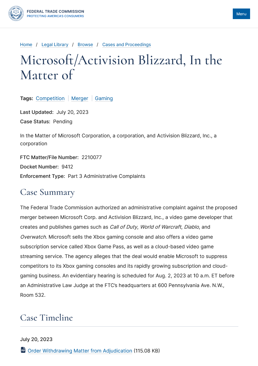 FTC撤销对微软动视暴雪收购交易内部行政挑战_0